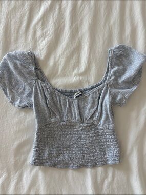 Abercrombie & Fitch Light Blue Smocked Puff Sleeve Crop Top